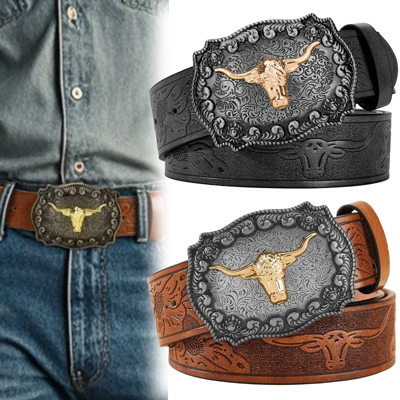 Ceinture de cowboy western pour homme, en similicuir noir avec motif gaufré, boucle en alliage élégante, ceinture de taille tendance pour un usage quotidien