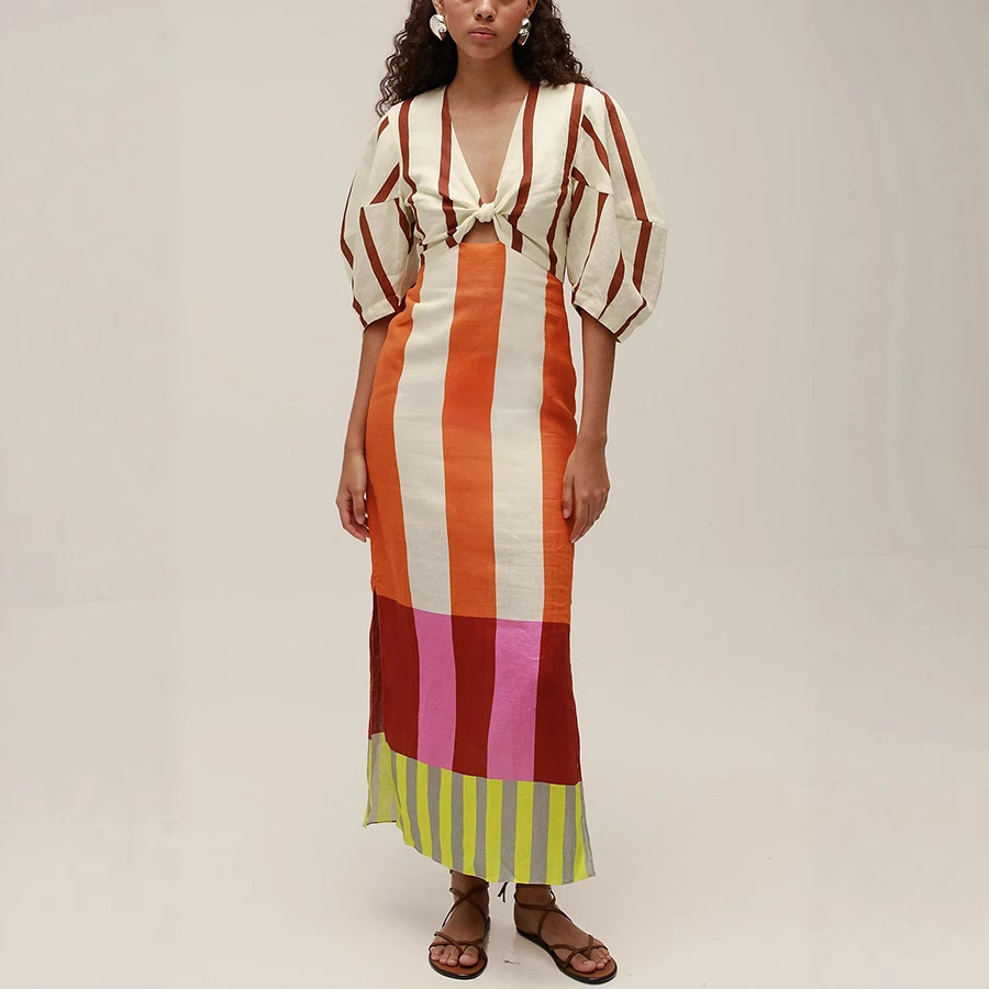 Robe longue d'été VEITCHE pour femme en lin, imprimé chic, sexy, col en V, échancrée, taille haute, pour soirée