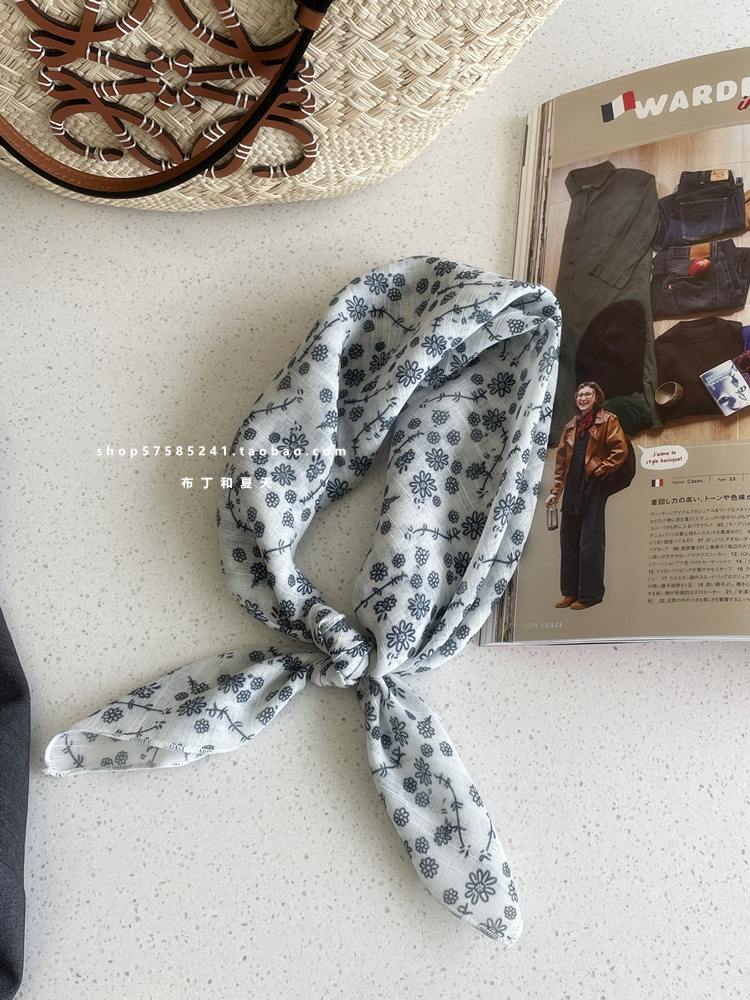 Foulard carré en coton et lin à pois floraux, style Mori littéraire, bandeau, sangle de sac, pour femme, populaire au Japon et en Corée