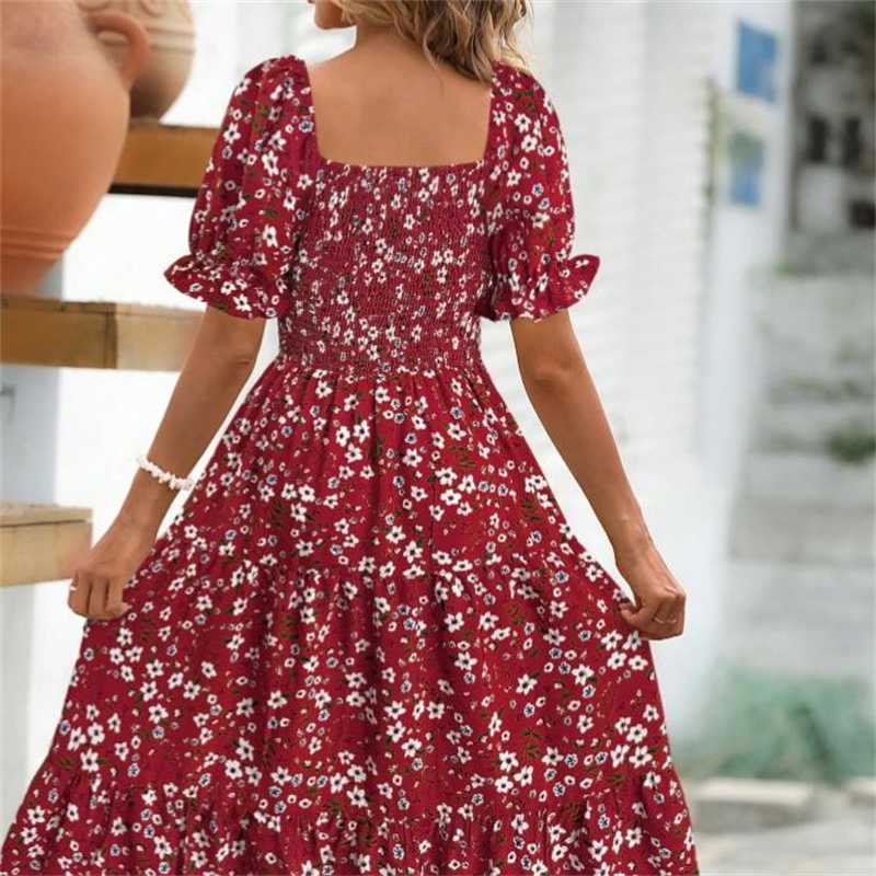 Robe de printemps et d'été pour femmes, jupe florale imprimée, col carré, manches bulles, taille haute, jupe trapèze superposée, Style doux, tendance