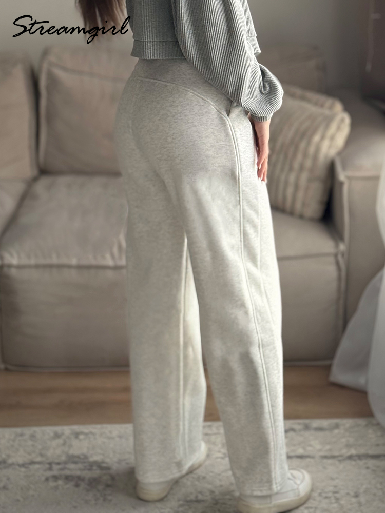 Pantalon de jogging gris pour femme, taille haute, coupe droite, jambe large, noir, automne, long, sport