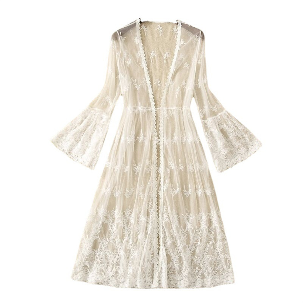Cardigan Kimono Long en dentelle blanche pour femme, mode coréenne, Sexy, ajouré, plage, blanc, manches longues, manteau fin, veste d'été, 2026