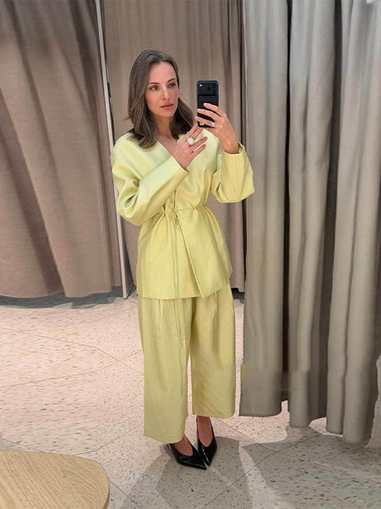 Ensemble veste et pantalon style kimono pour femme, veste ample à col en V avec lacets latéraux, pantalon large, tenue élégante pour le travail, printemps 2026