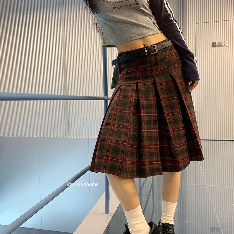 Jupes plissées taille basse pour femmes, à carreaux, longueur aux genoux, mode coréenne, Style Preppy, assorties avec tout, décontractées, pour étudiantes, Vintage littéraire, automne