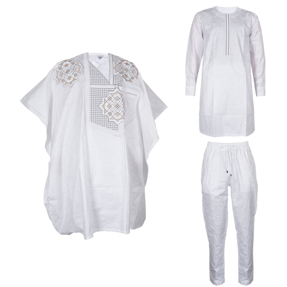 Ensemble de 3 pièces de vêtements africains pour hommes, tenue traditionnelle Dashiki, robe brodée, hauts et pantalons, costumes Bazin, vêtements de mariage musulman