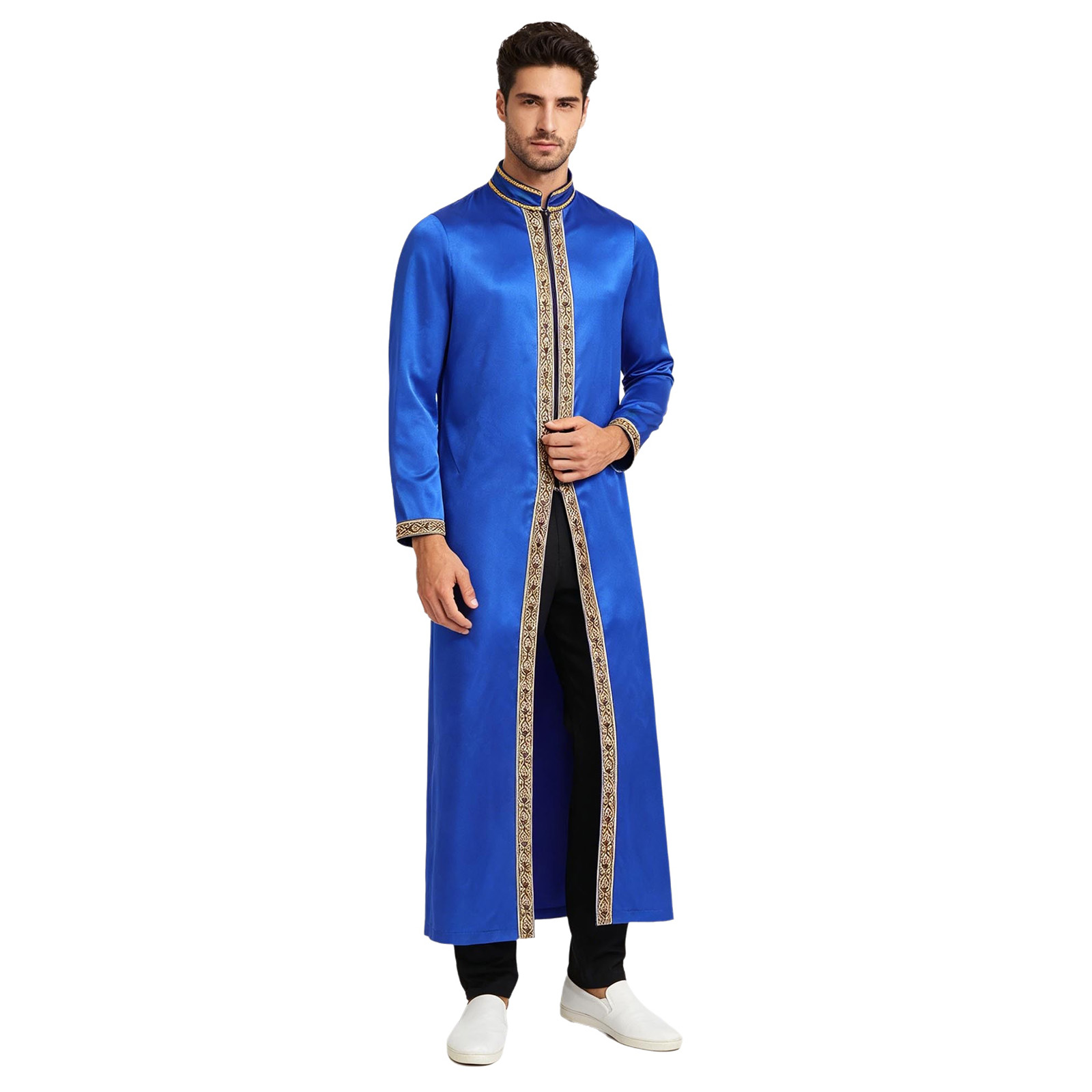 Robe musulmane islamique pour homme, en satin brillant avec bordure dorée, brocart, col montant, manches longues, fermeture éclair sur le devant, Kaftan Thobe, Abaya du Moyen-Orient, Arabie Saoudite