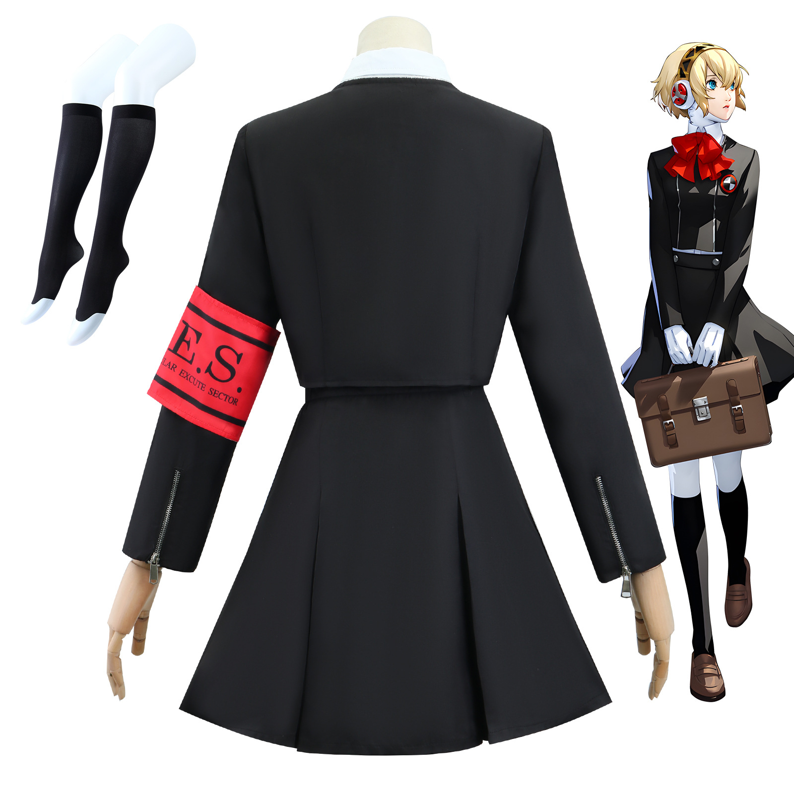 Costume de Cosplay de Aigis Ensemble Uniforme Robe Noire Nœud Rouge Brassard SEES Style Écolier Déguisement pour Fête d'Halloween