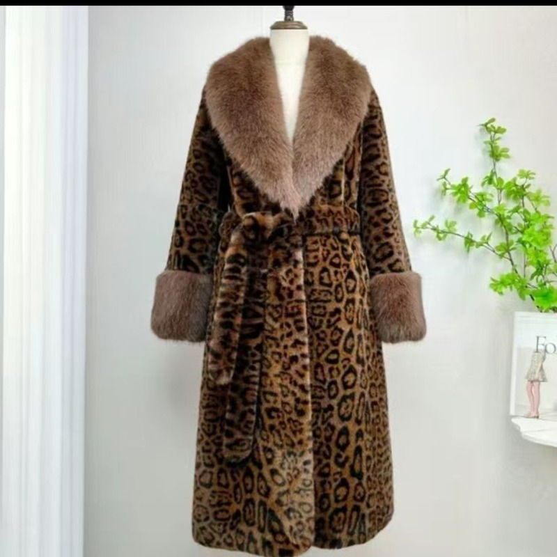 Manteau femme 2025 hiver nouveau manteau ample imprimé léopard Long manteau de tempérament intégré à la mode col de fourrure pour dames WLF