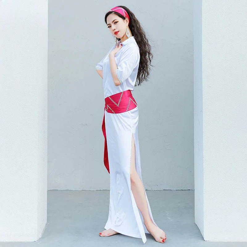 Robe de danse du ventre en satin à demi-manches pour adultes, vêtements d'entraînement en ylène, robes fendues trempées, vêtements de performance