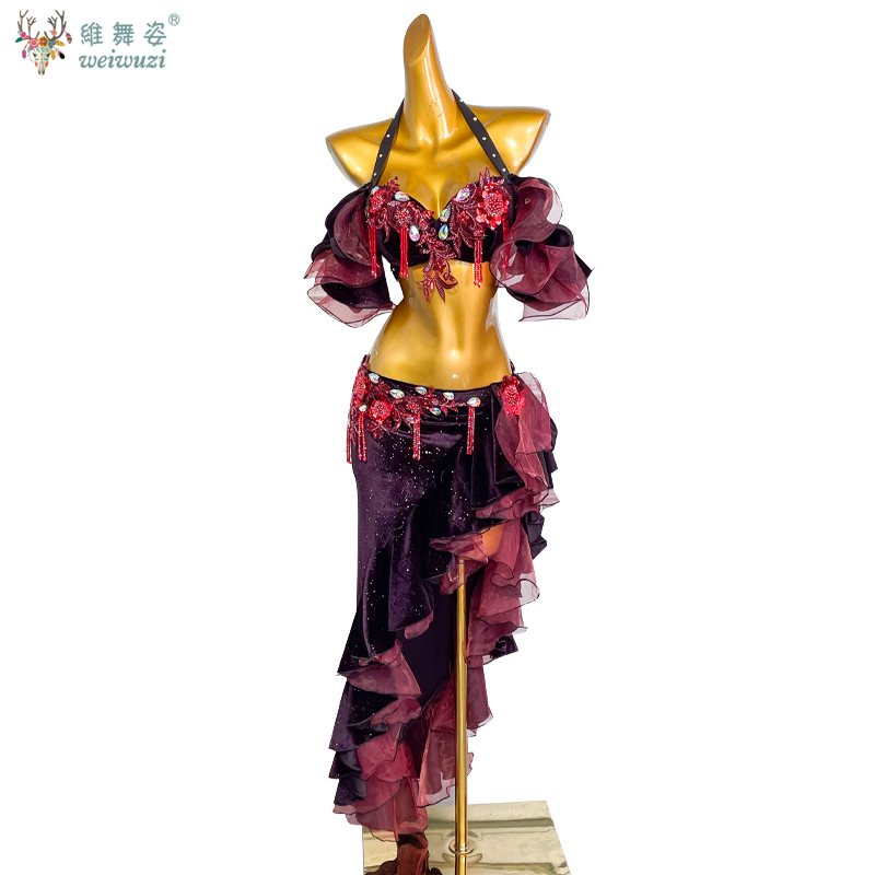 Costume de spectacle de danse du ventre pour femmes, soutien-gorge personnalisé + jupe longue fendue, 2 pièces, vêtements de danse orientale, tenue de danse du ventre