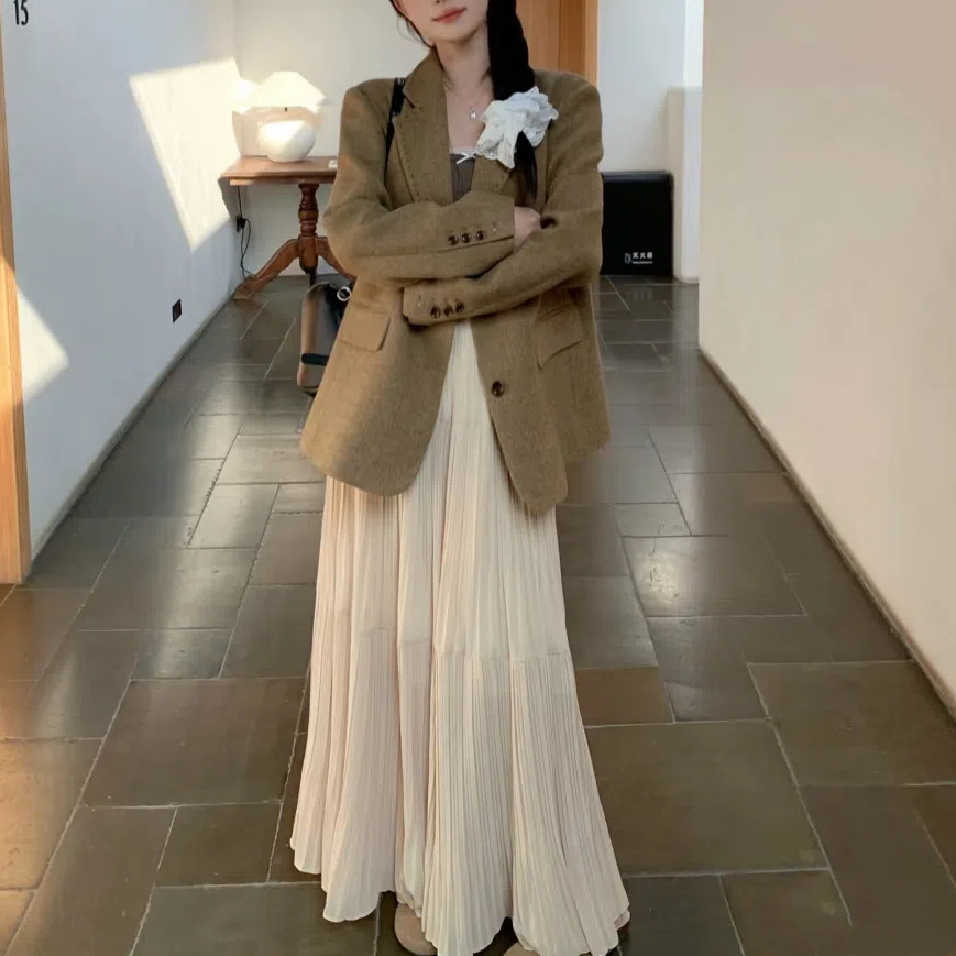 Jupe longue plissée taille haute tendance printemps-été pour femme, jupe trapèze décontractée et élégante unie, jupe mi-longue féerique pour fille