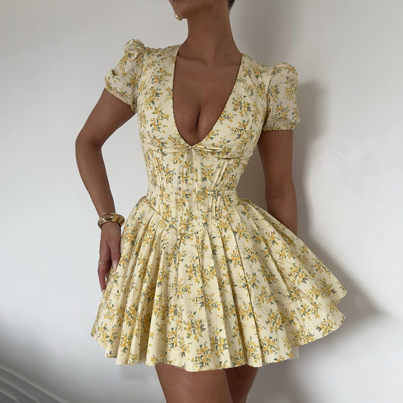 Robe Courte Plissée Jaune à Imprimé Floral pour Femme, Style Vintage, Manches Bouffantes, Col en V, Sexy et Élégante, Coupe Trapèze, Idéale pour Soirée et Plage