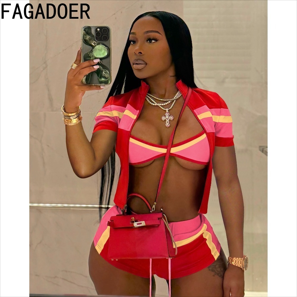 FAGADOER mode 2 pièces ensembles femme tenues couleur bloc manches longues veste + débardeur et short survêtements femme Streetwear