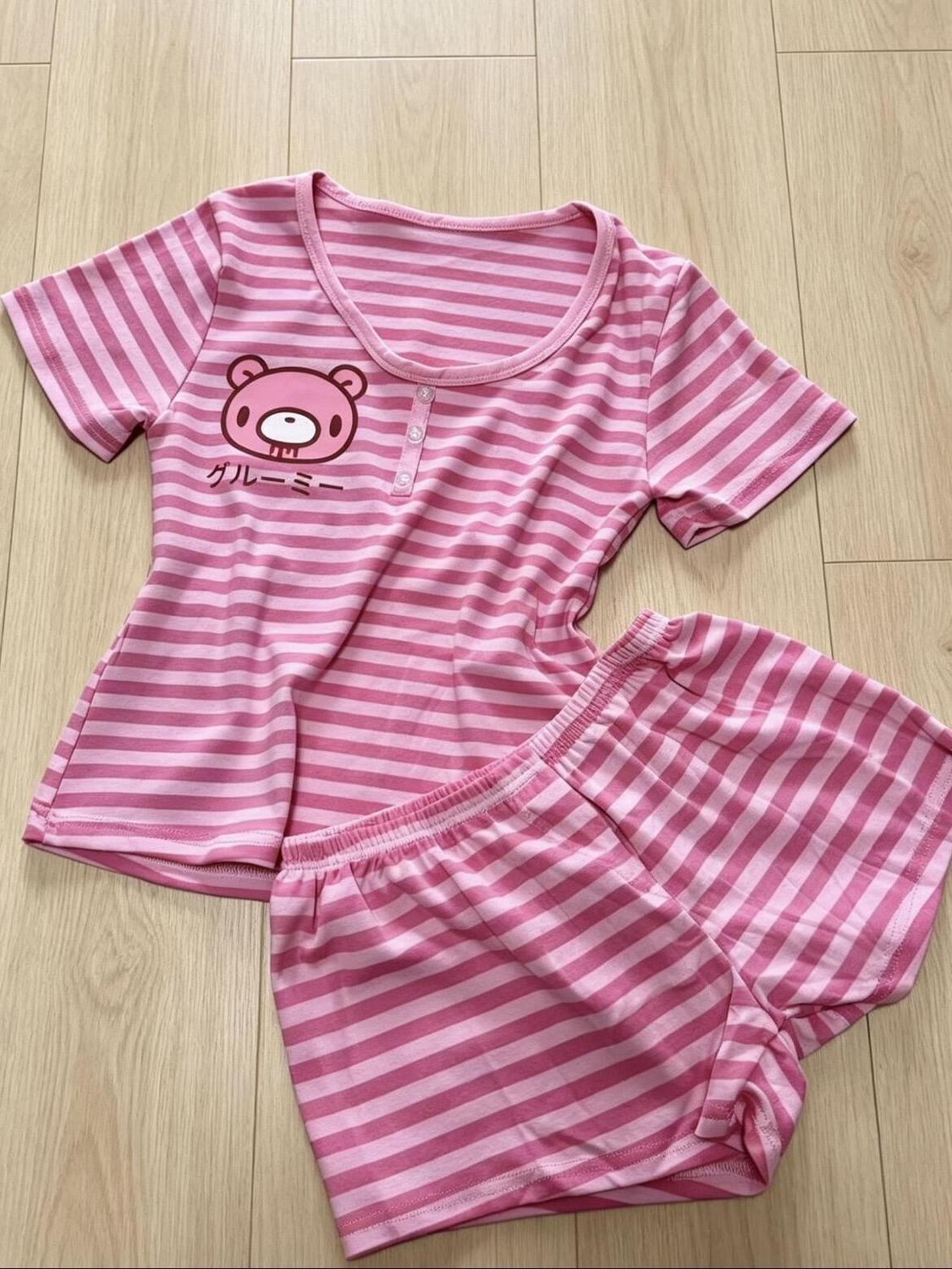 Ensemble 2 pièces japonais pour femme : T-shirt à manches courtes motif ours de dessin animé + Short ajusté à taille élastique, style Y2K Lounge rayé