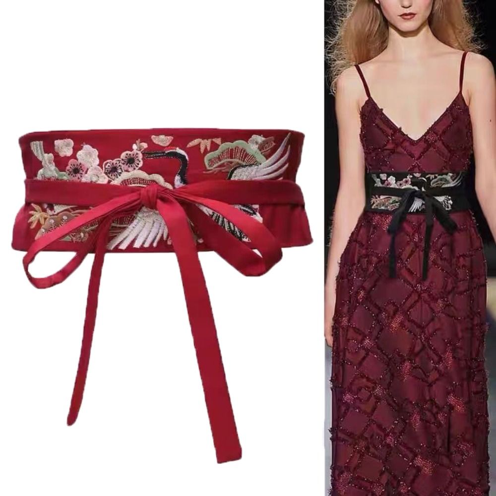 Ceinture large brodée style Hanfu pour femme, avec motif floral et corset, à nouer, pour robe