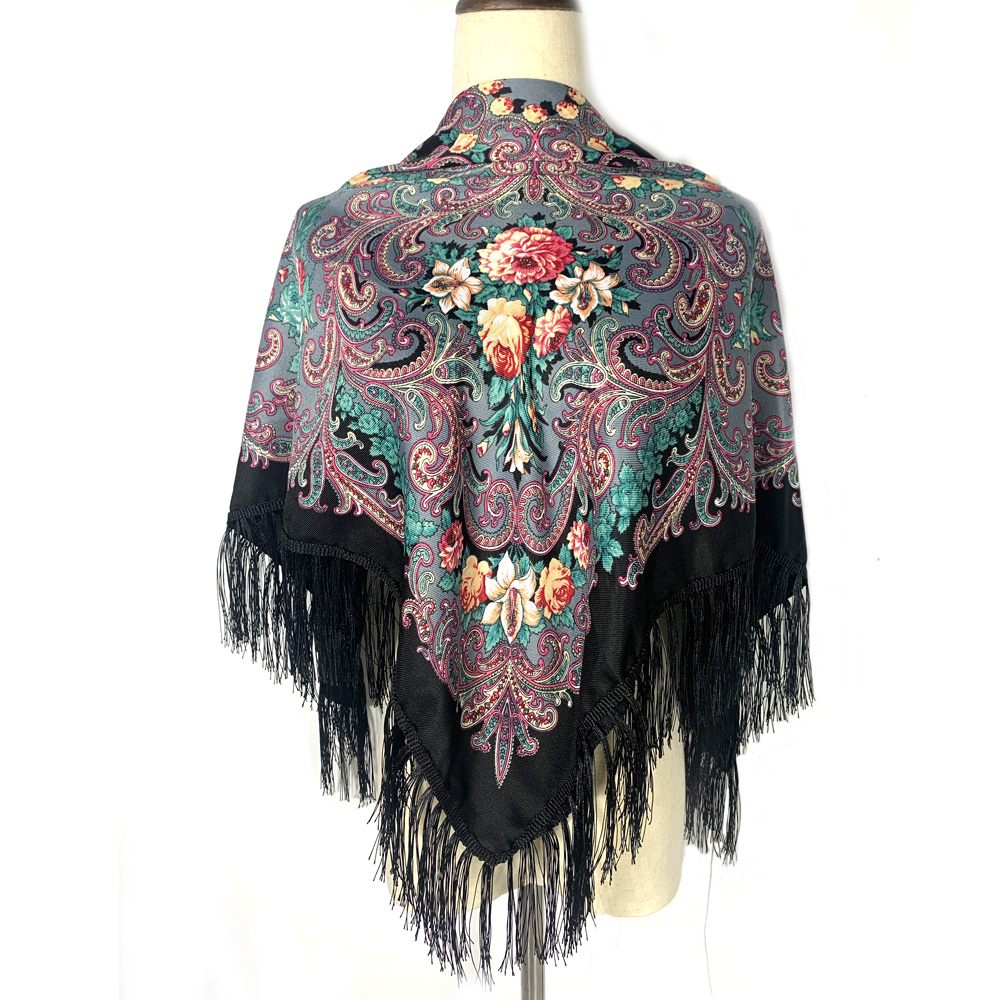 115*115 cm femmes russe écharpe de luxe imprimé fleuri carré Bandana ukrainien à franges châle Babushka mouchoir bandeau