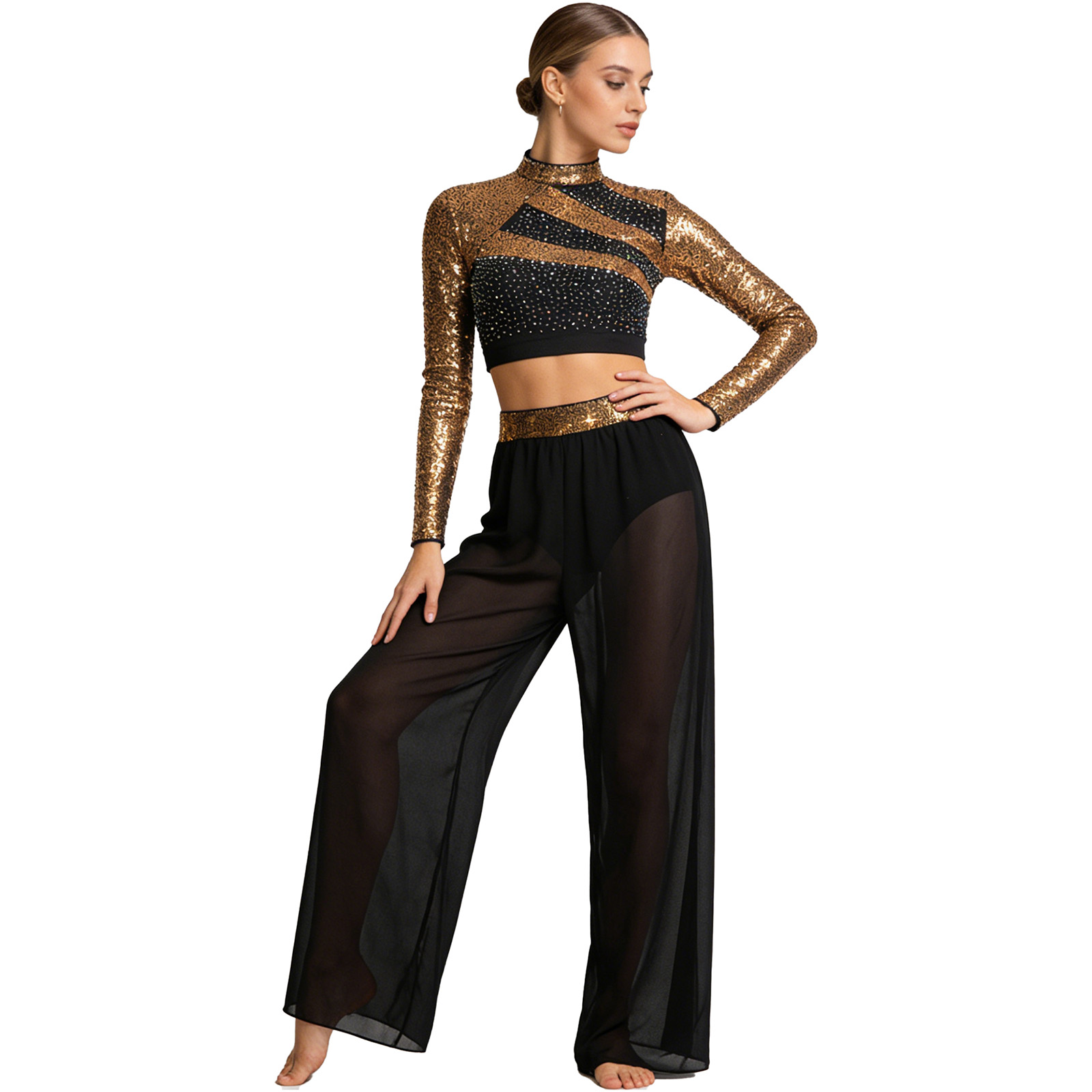 Tenues de danse lyrique 2 pièces pour femmes, costume de danse moderne, haut court à paillettes et strass avec pantalon en tulle à fente latérale, vêtements de danse