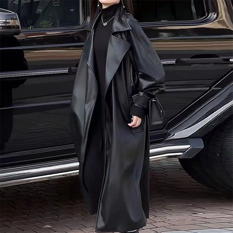 Nouvelle Veste Longue en Cuir Tendance Haut de Gamme pour Femme, Coupe au-dessus du Genou, Style Luxe et Élégant, Manteau Coupe-vent en Cuir