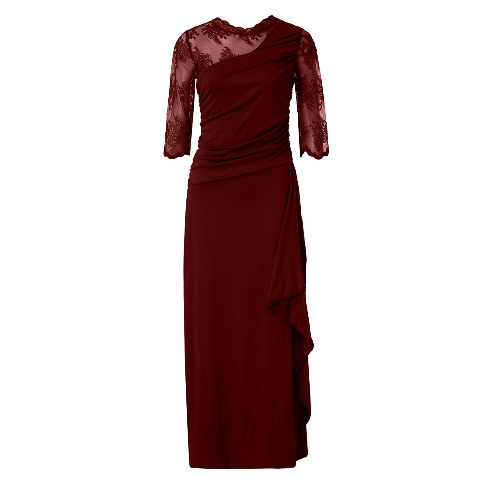 Robe Longue en Dentelle pour Femme, Tenue Élégante, Sexy, Transparente, Col Rond, Manches Mi-sulf, Couleur Unie, pour Soirée, Bal, Cocktail