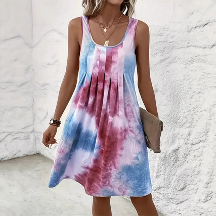 Nouvelle Robe Débardeur Femme 2026 Imprimé Tie-Dye Bohème Col U Plissée sur le Devant Coupe Ample Mini Robe Décontractée Douce pour la Détente