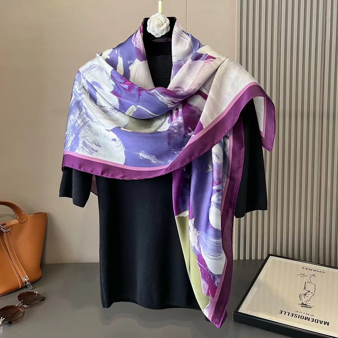 2025 nouveau 110 cm grande écharpe satin imprimé foulard en soie Lijin forgé imitation soie foulard pour femme