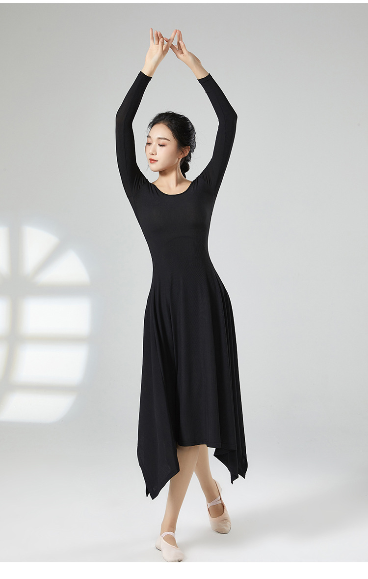 Robe longue de danse moderne pour femmes, vêtements d'entraînement en soie glacée solide, grand col en U, ourlet fendu irrégulier, Costume de culte de danseuse folklorique