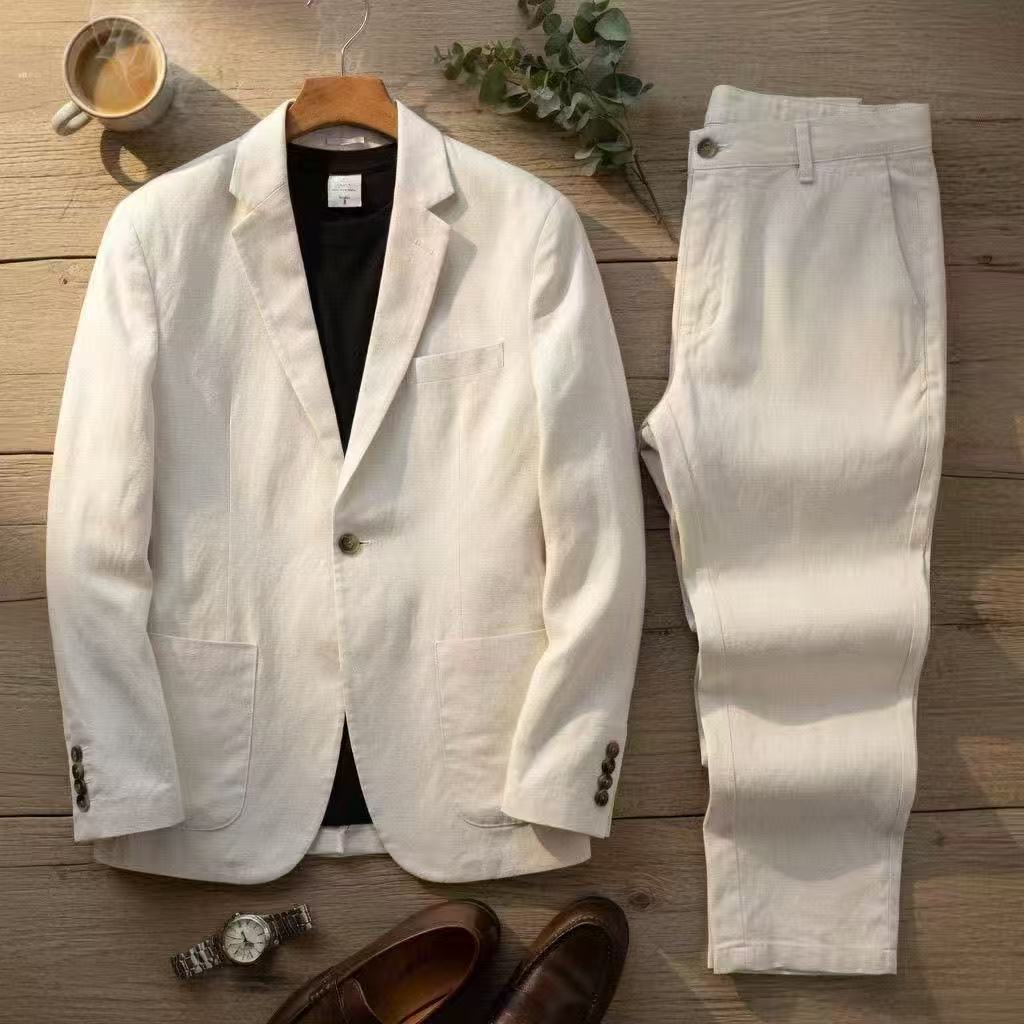 Costume homme printemps-été, ensemble deux pièces en coton et lin, blazer + pantalon, vêtements décontractés pour affaires, vêtements fins et respirants