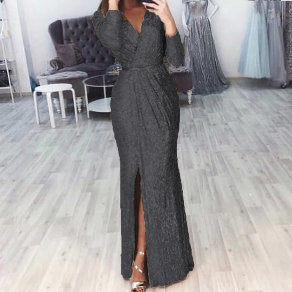 Robe de soirée froncée à paillettes pour femmes, fente haute, à paillettes, décolleté en V profond, manches longues, Sexy, nouvelle collection été 2023