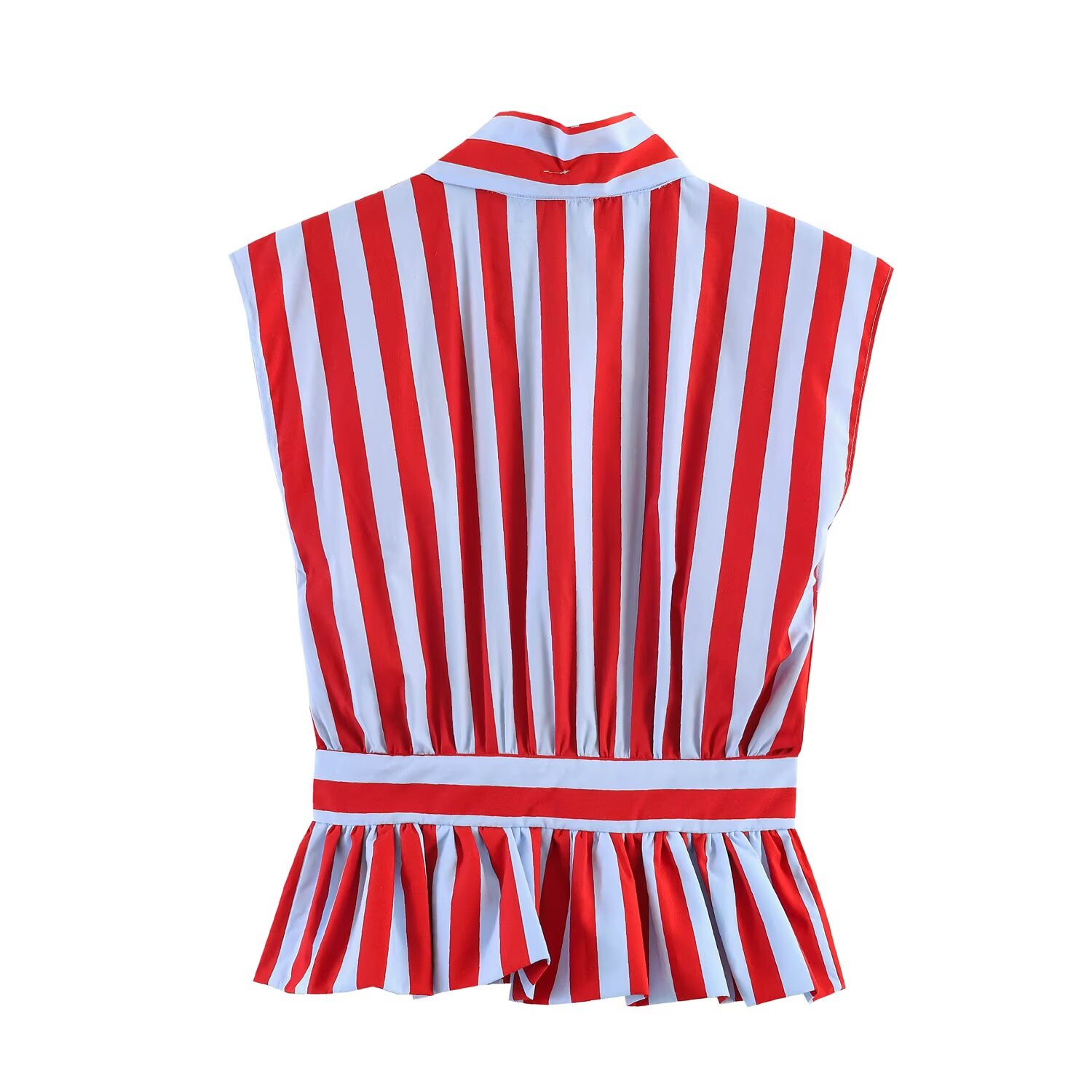 BSAY Nouvelle Blouse Élégante Vintage pour Femme, Col Nœud Papillon, Sans Manches, Imprimé Pois et Rayures, Boutonnée, Taille Peplum Volantée, Crop Top