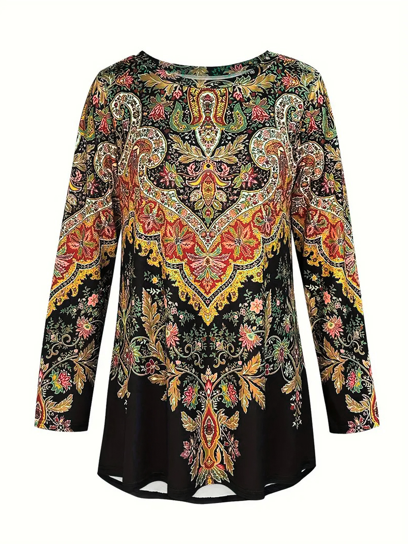 T-shirt à fleurs Paisley pour femmes, hauts décontractés à manches longues et col rond, vêtements d'automne et quotidiens décontractés