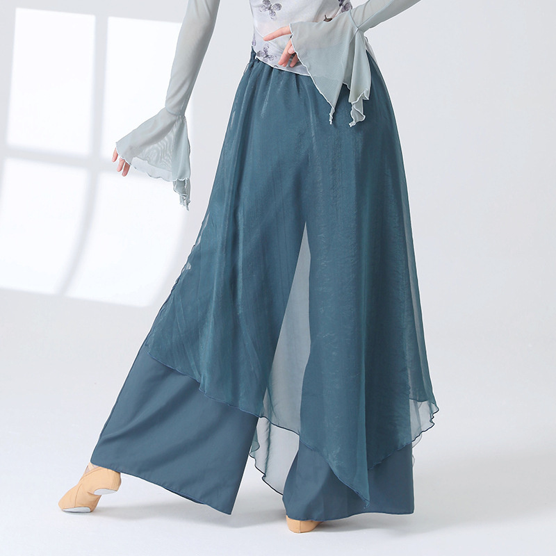Pantalon de danse 2 couches pour femmes, jupe-culotte en mousseline de soie imprimée, jupe fluide, ample, jambes larges, moderne, Hanfu, vêtements d'entraînement élégants