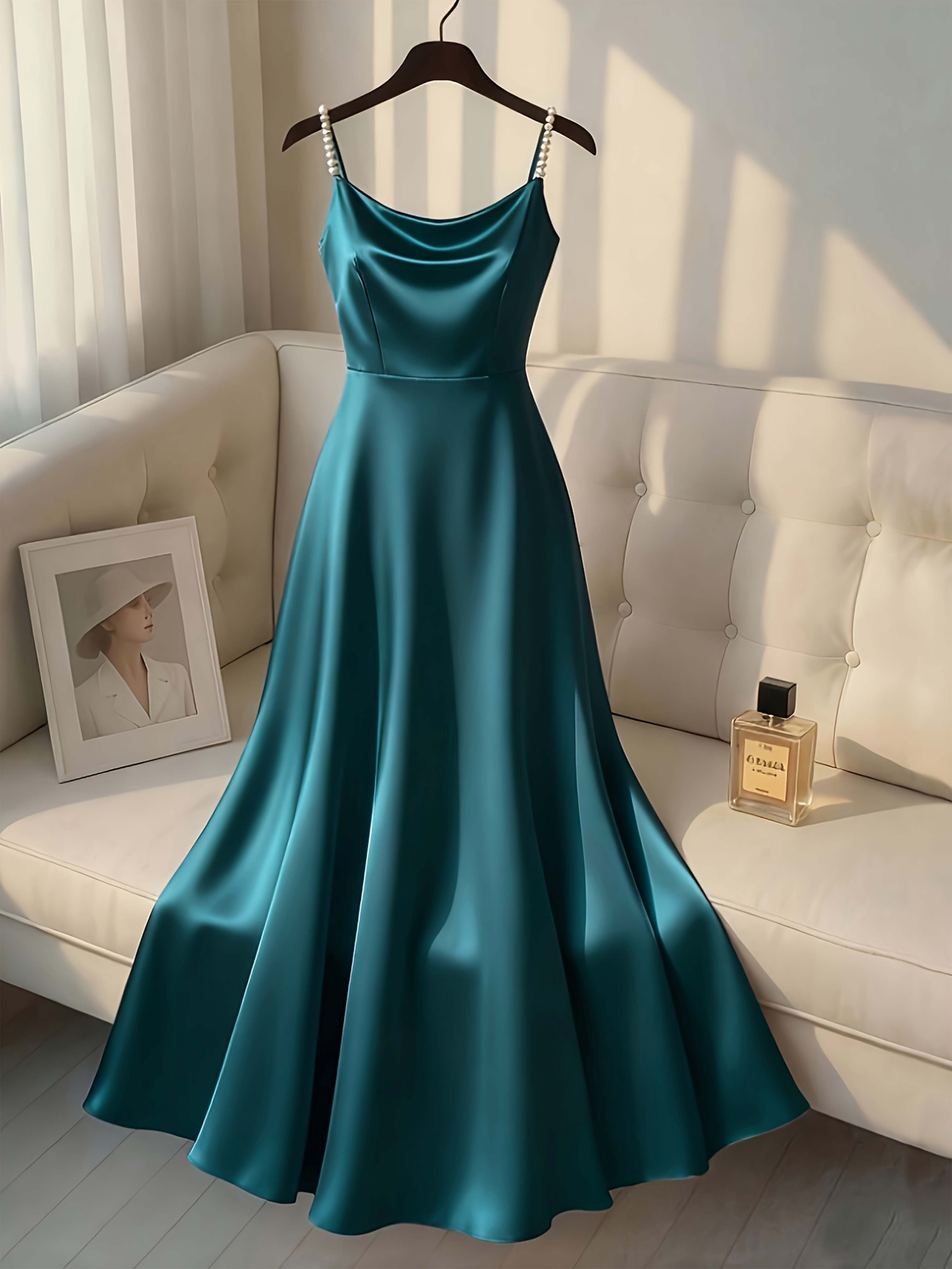 Robe rétro en satin avec bretelles en perles. Design simple, élégant et raffiné, idéal pour les fêtes, les mariages, les rendez-vous et les trajets quotidiens.