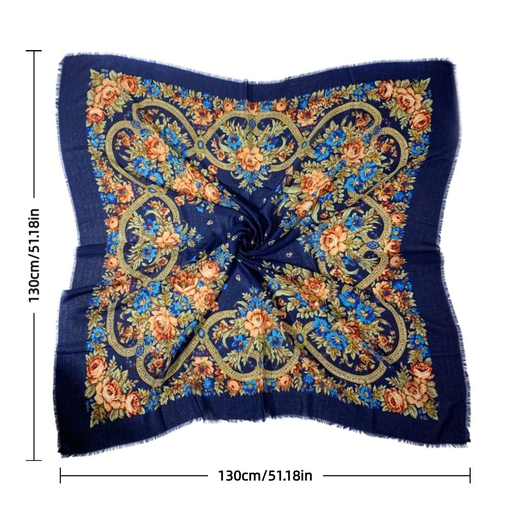 Écharpes châles pour femmes 130×130cm, foulard carré russe de luxe respirant, imprimé floral, châle ethnique fin, bandana d'été