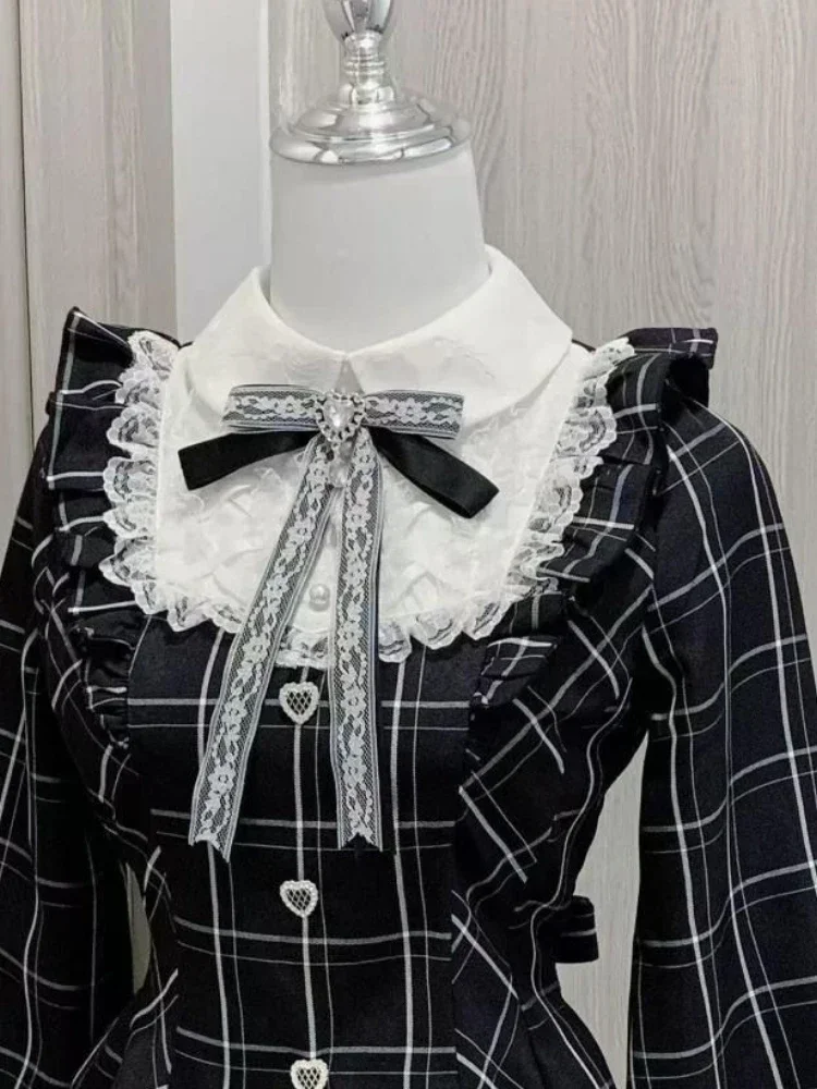 Robe à carreaux en dentelle douce pour femmes, fée japonaise, Patchwork, Kawaii Grunge, à volants, manches longues, Y2k, esthétique JK Lolita