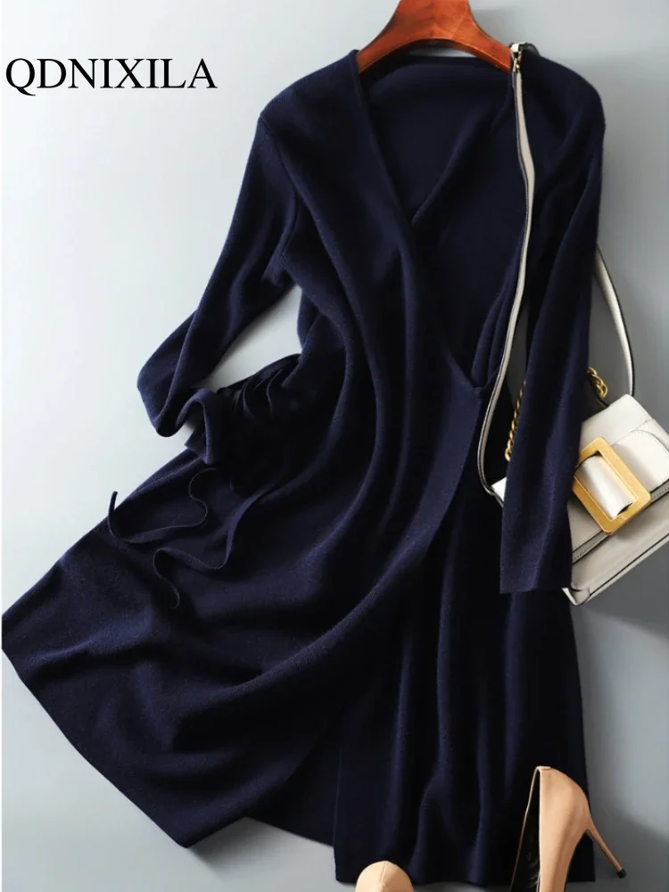 Robe pull à col en v pour femme, vêtement enveloppant, Version coréenne, jupe tricotée ample et élégante, automne et hiver