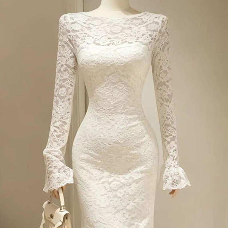 Robe élégante en dentelle française pour femmes, manches longues, robe en crochet douce et fine, robe de soirée blanche transparente, robe de soirée chic, vestidos féminins