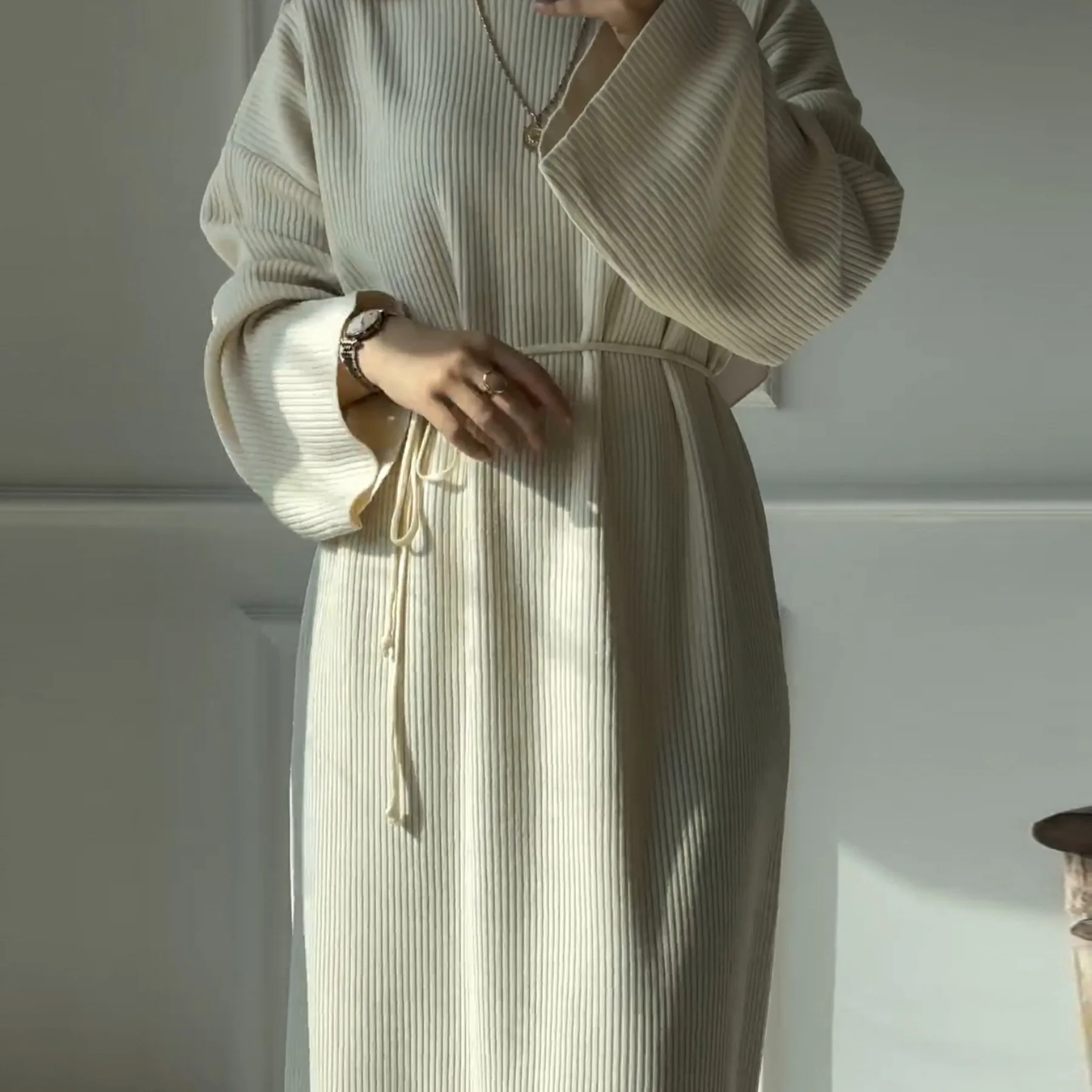 Eid femmes robes tricot ceintures Ramadan marocain automne hiver musulman Abayas caftan pull robes Jalabiya dubaï longue Robe