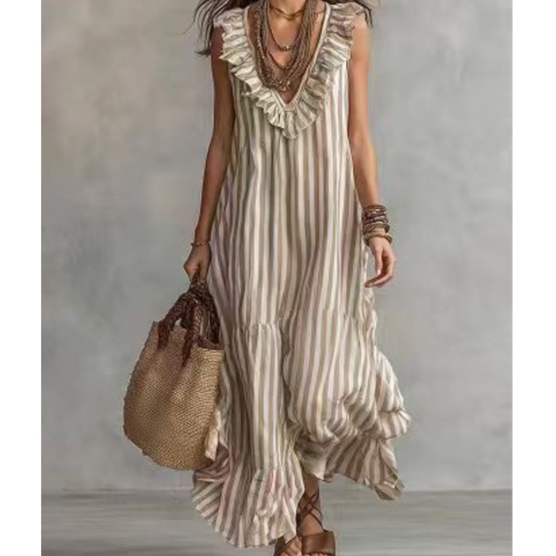 Nouvelle Robe d'Été 2026 pour Femme – Col en V, Volants, Rayures, Style Bohème Décontracté, Élégante, Unique, Tendance Niche, Confortable et Simple – Vestidos