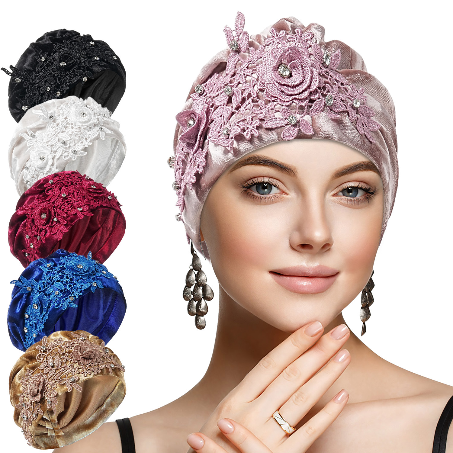 Fleur broderie Turban casquette pour femmes mode femme bandeau velours musulman foulard Bonnet Turbante mujer