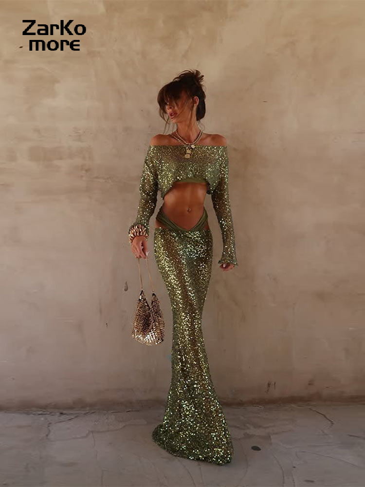Plage paillettes haut court jupe longue ensemble femmes mince Slash cou à manches longues pull sirène jupe 2025 été voir à travers la tenue verte
