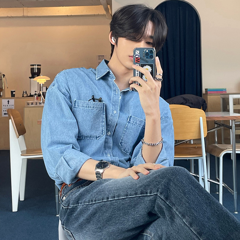 Chemise en Denim à manches longues pour hommes, vêtements de printemps, avec poches, décontracté, coréen, bouton rabattu, Streetwear, léger, luxe, élégant, nouvelle collection 2025