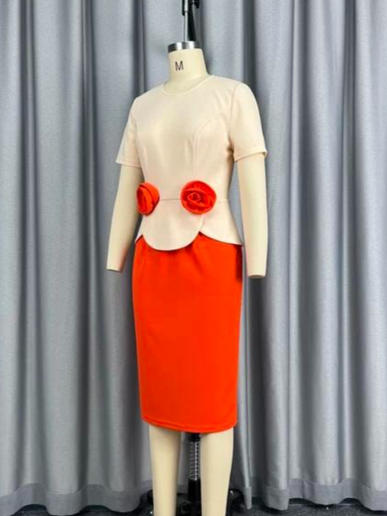 Nouvelles Robes Élégantes pour Femmes, Col Rond, Manches Courtes, Fleurs 3D, Peplum, Colorblock, Coupe Ajustée aux Hanches, Style Décontracté et Professionnel