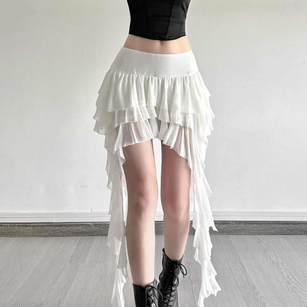 Jupe-short décontractée taille haute pour femme, à volants superposés, ourlet asymétrique, mini-jupe fluide style gothique, idéale pour l'été