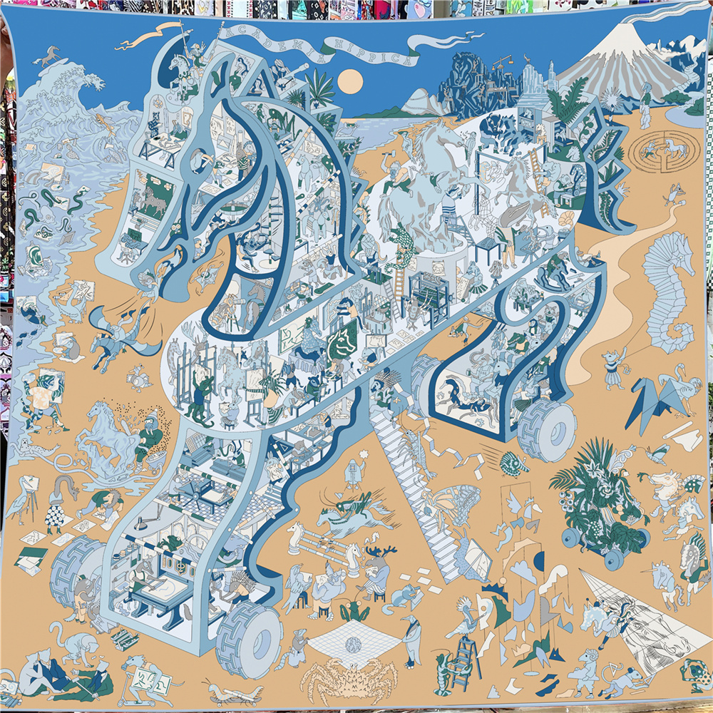 Foulard carré 135 cm en 30 % soie et 70 % cachemire pour femme, imprimé chevaux, bords roulés à la main, grands hijabs, bandanas, écharpes et foulards féminins