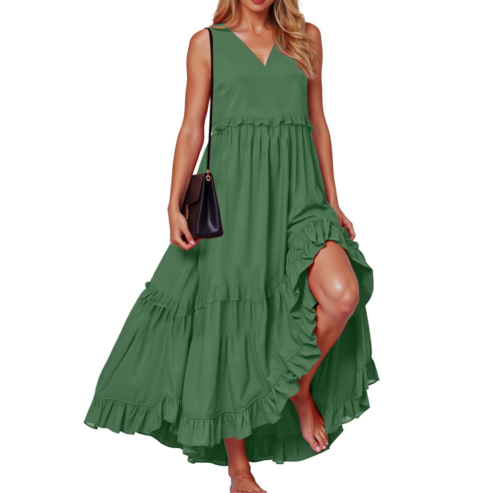 Femmes Boho volants Robe longue été élégant sans manches plage Robe d'été couleur unie Maxi fête robes de soirée Robe Swing Robe