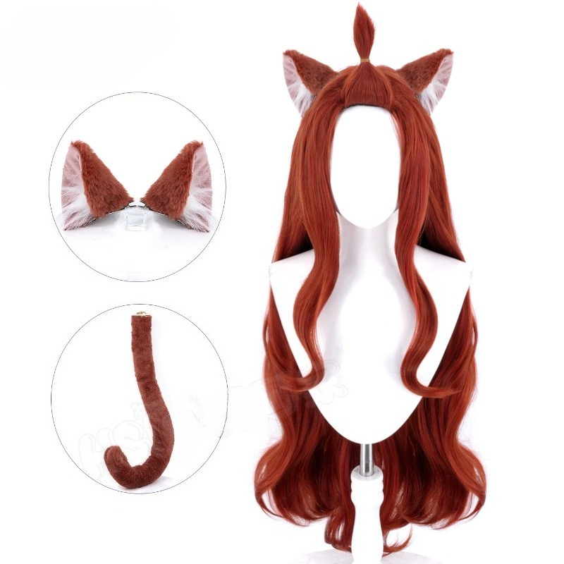 Perruque brune de cosplay Anime Aruko Sakai Aruneko avec oreilles de chat, queue en fourrure, cheveux synthétiques longs et accessoires, ensemble pour femmes.