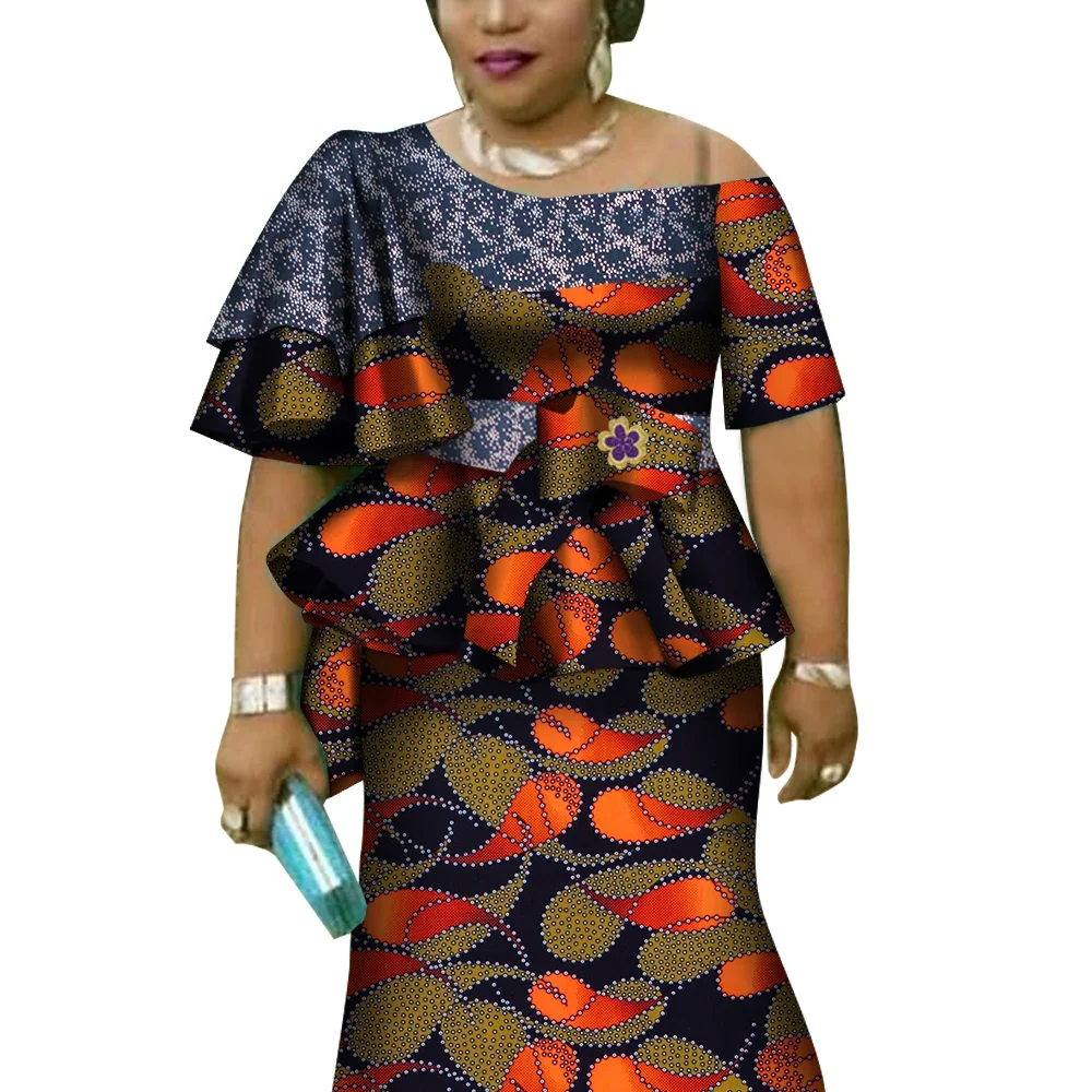 Ensembles hauts et jupe imprimés à manches à volants africains pour femmes Bazin Riche vêtements africains 2 pièces ensembles de jupes personnalisés WY4392