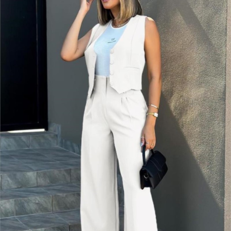 Costume pour femmes, gilet élégant pour dames, ensemble pantalon Baggy, pantalon de travail régulier, gilet sans manches, taille haute, jambes larges, ensembles de 2 pièces