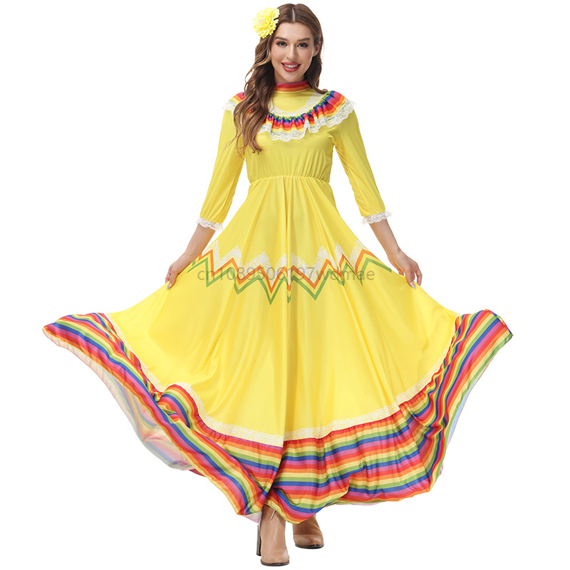 Robe maxi mexicaine traditionnelle à larges volants, rayée et colorée, pour femmes, costume de fête, de carnaval ou de danse, avec coiffe fleurie