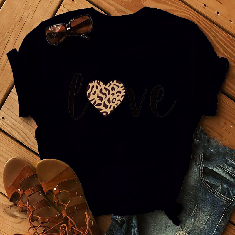 Léopard amour imprimé femmes t-shirt à manches courtes col rond lâche femmes t-shirt dames mode t-shirt hauts vêtements Camisetas Mujer